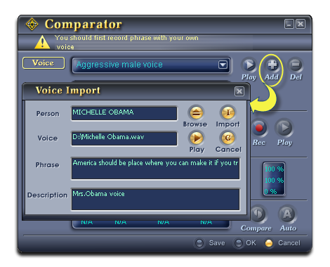 Import the Mrs. Obama's sample voice into Comparator